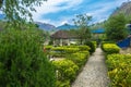 Picturesque cafes in the open air on the banks of the river April 12, 2018, the trek around the Annapurna, Nepal.